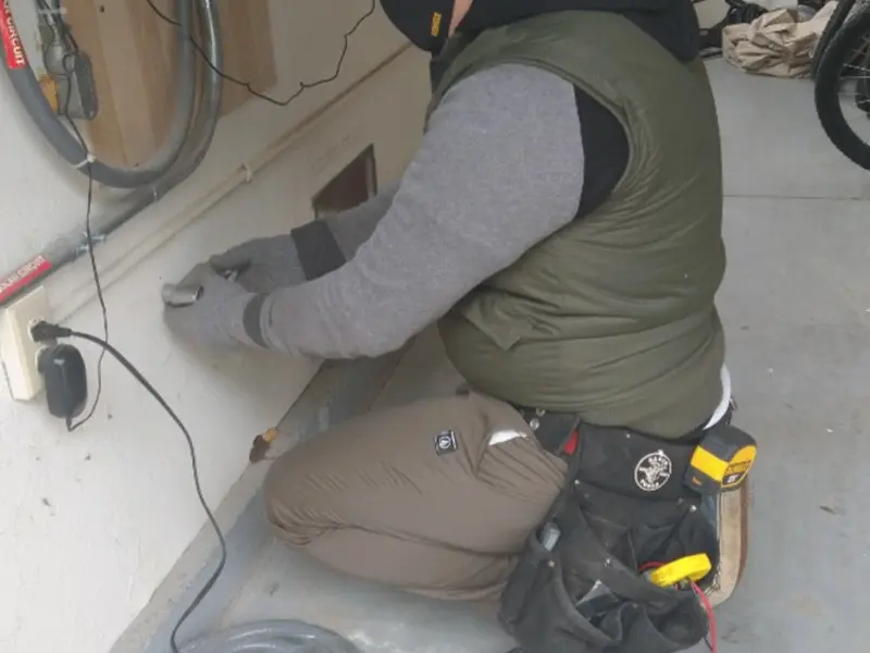 Electrician performing outlet wiring in a Twin Lakes garage
